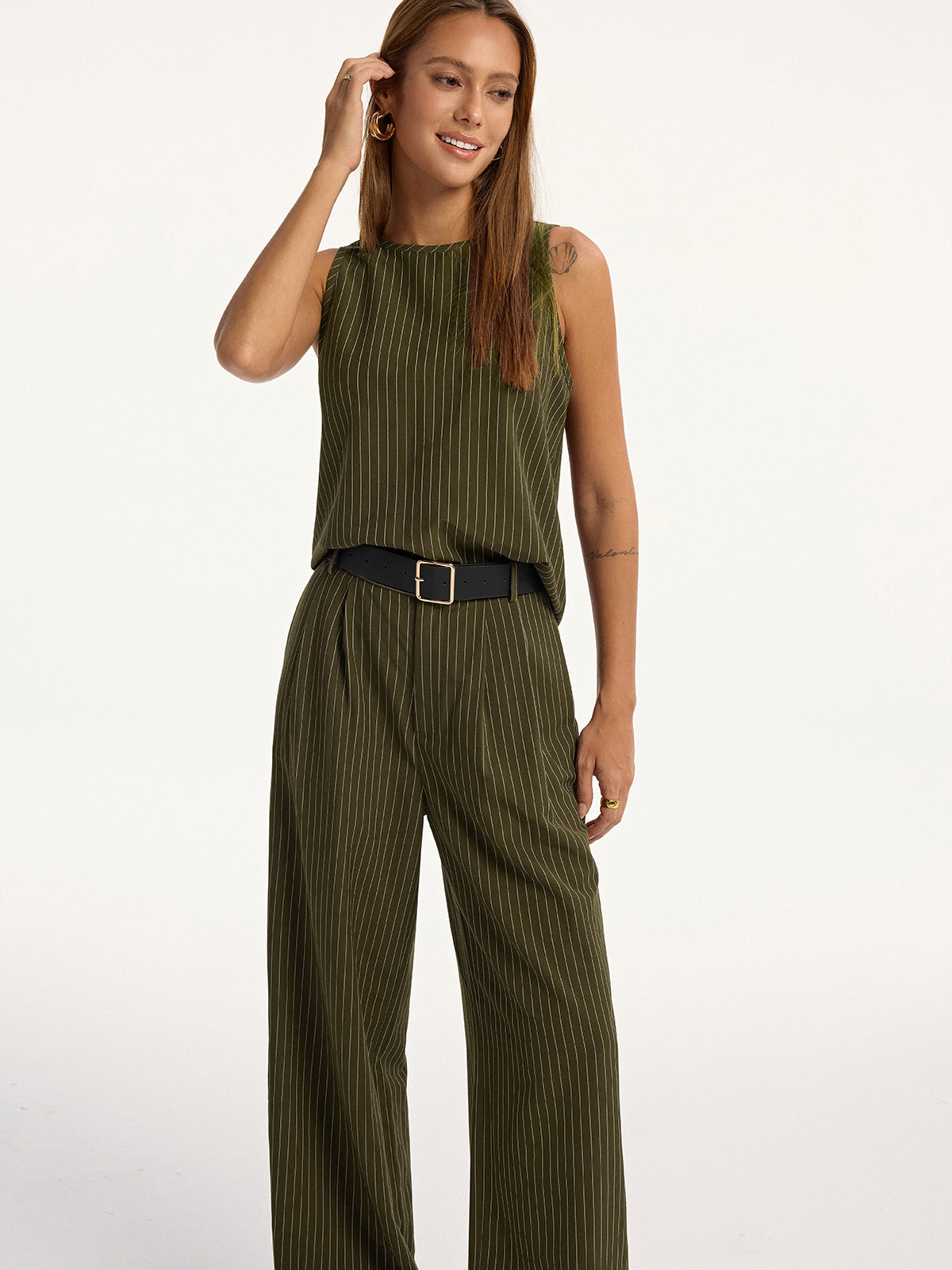 Pinstripe Sleeveless Top and Pants Set with Belt