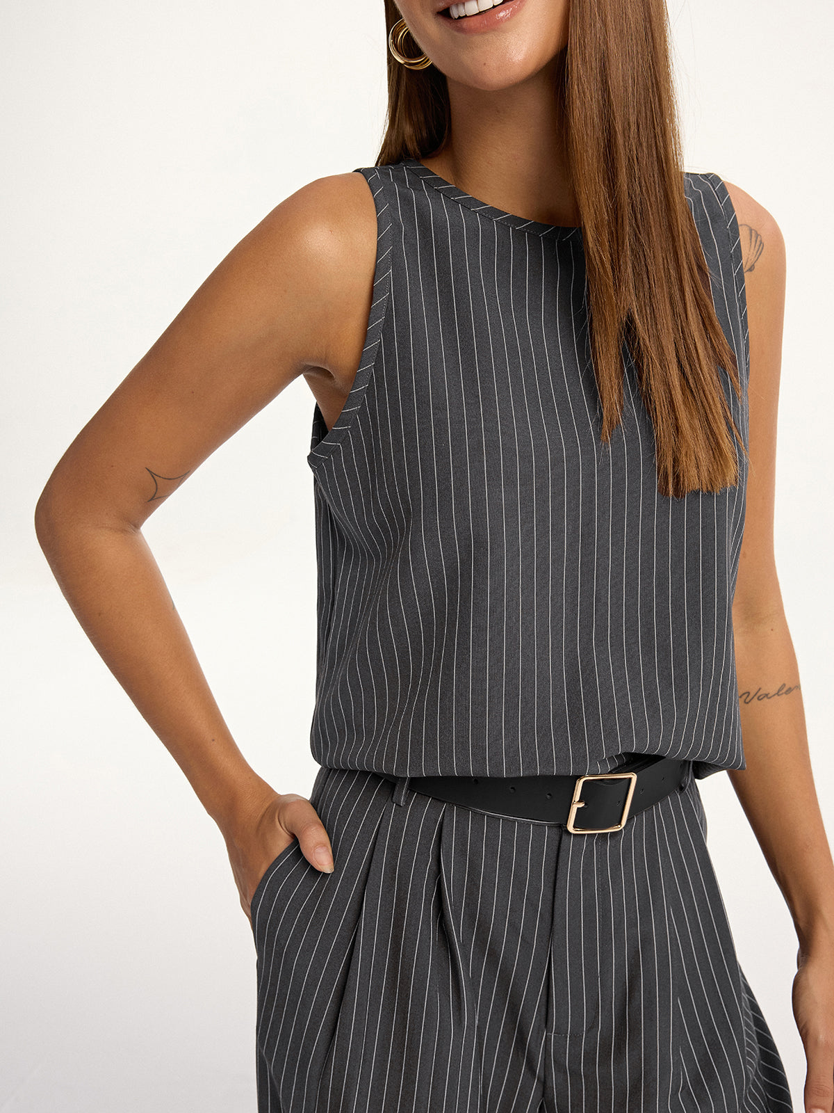 Pinstripe Sleeveless Top and Pants Set with Belt