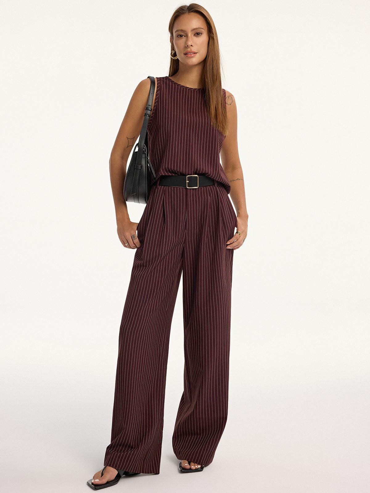 Pinstripe Sleeveless Top and Pants Set with Belt
