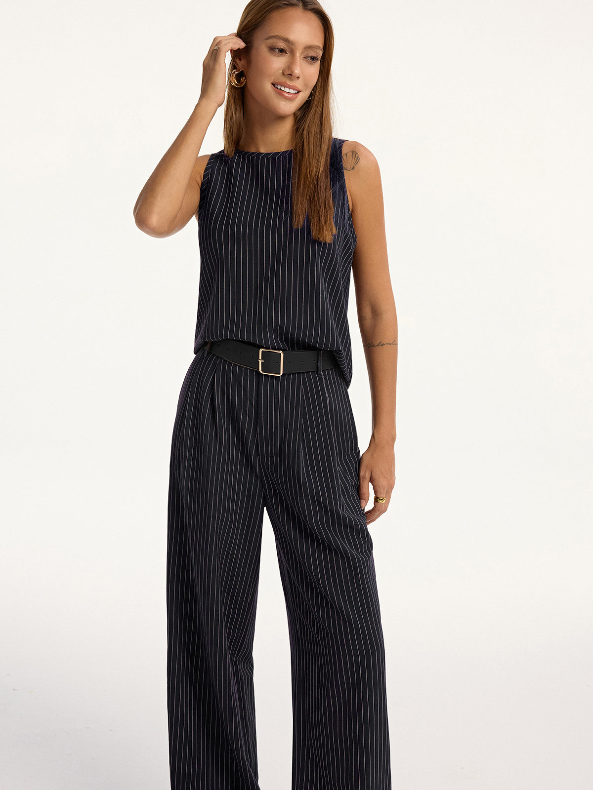 Pinstripe Sleeveless Top and Pants Set with Belt