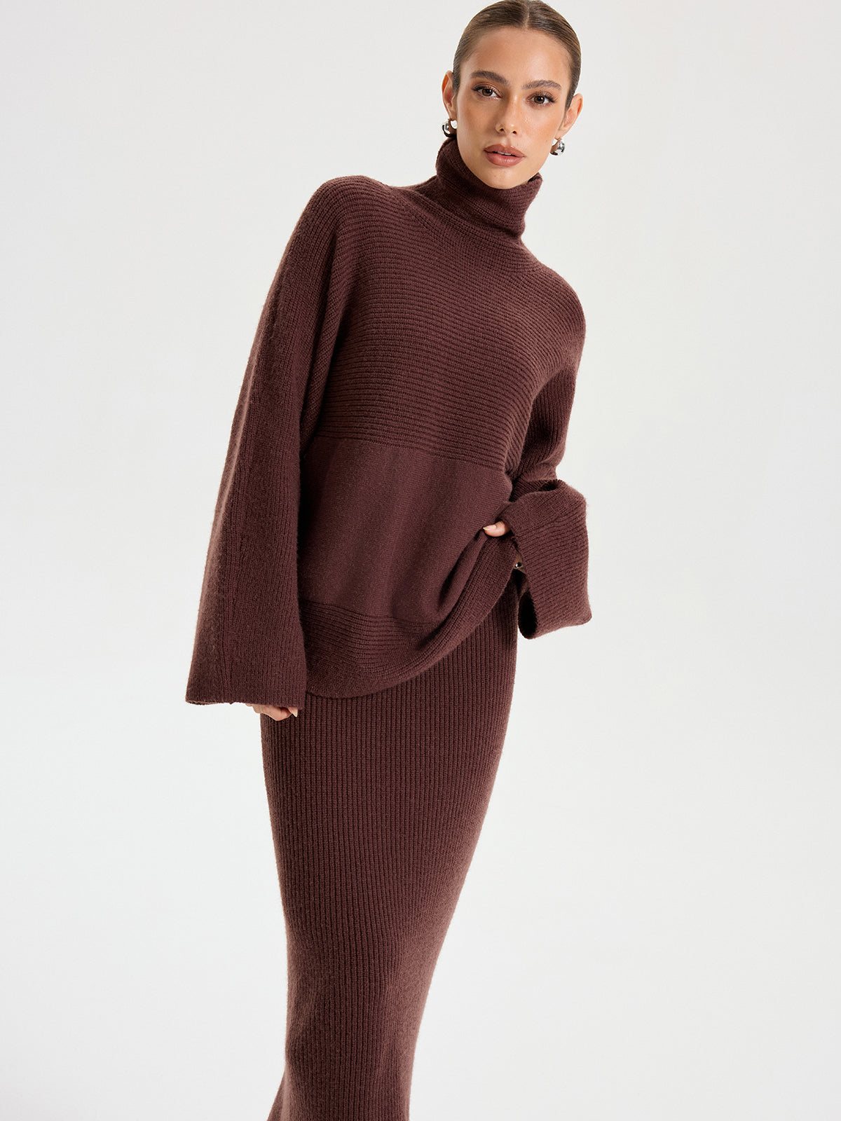 Turtleneck Knit Top and Maxi Skirt Set