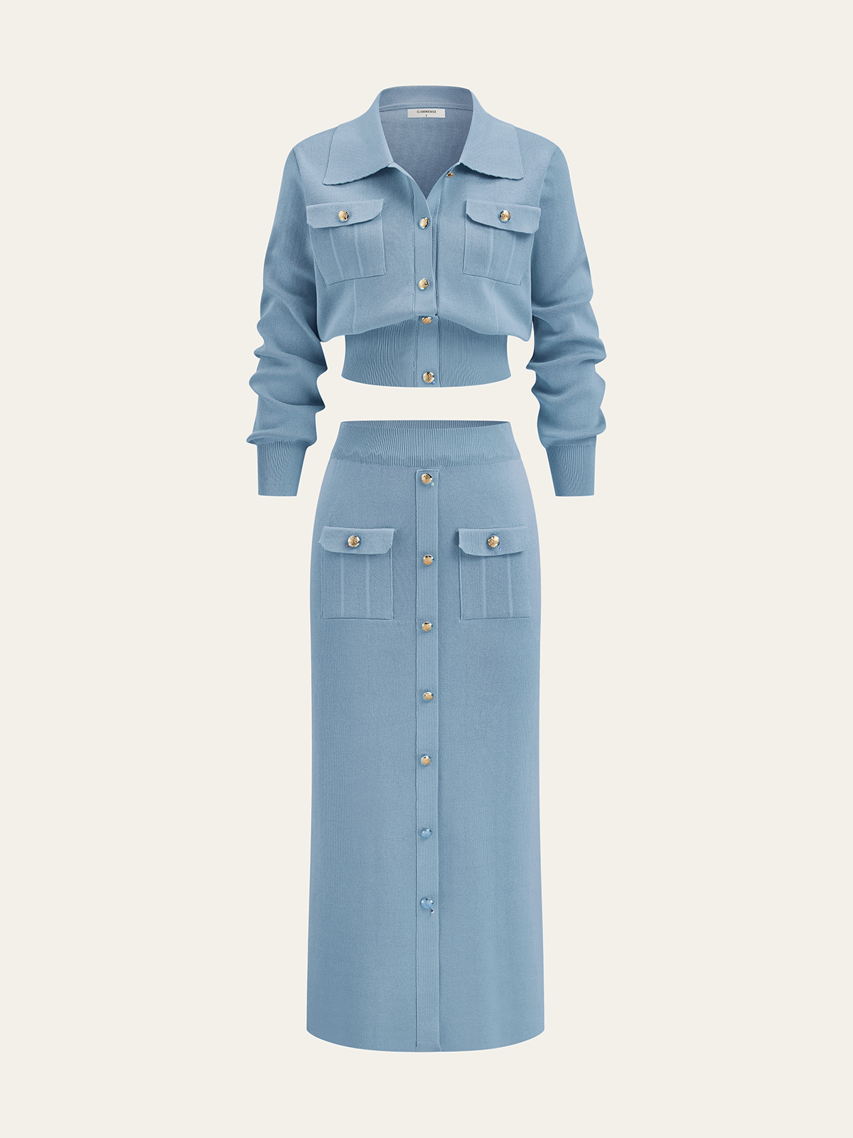 Metal Button Collared Cardigan and Midi Skirt Set