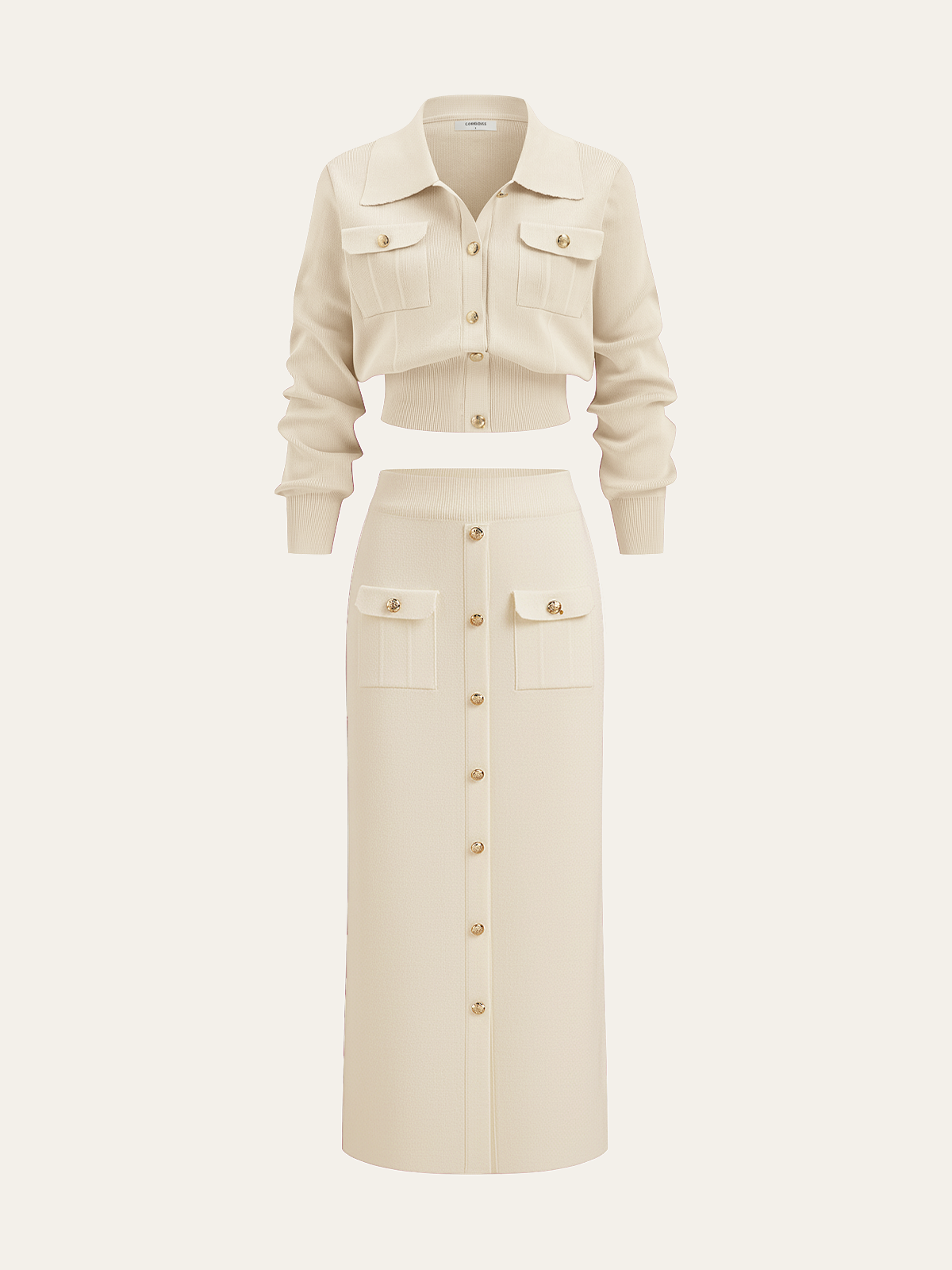 Metal Button Collared Cardigan and Midi Skirt Set