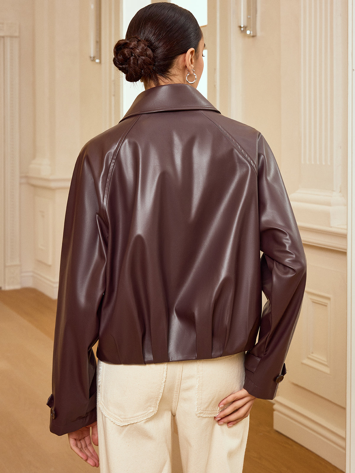 Collared Zip-Up Faux Leather Jacket