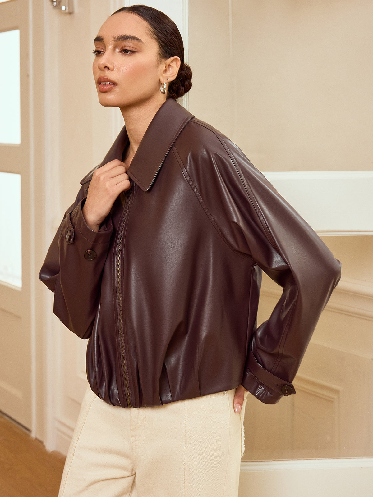Collared Zip-Up Faux Leather Jacket